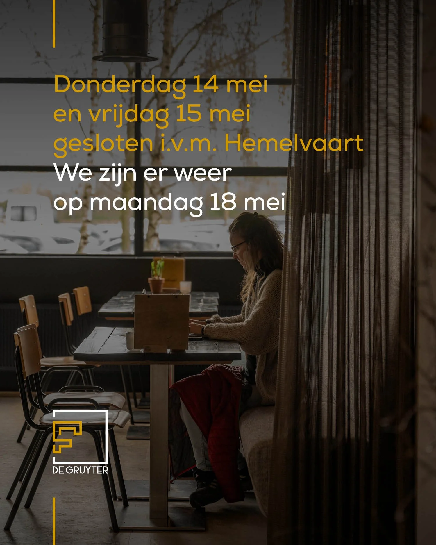Donderdag 14 mei en vrijdag 15 mei zijn we gesloten vanwege Hemelvaart.
Maandag 18 mei staan we weer klaar voor koffie, lunch, meetings en alles daartussenin.

Geniet van het lange weekend. 🙌

#FDGBrasserie #FDGMeetings #Hemelvaart #TotMaandag