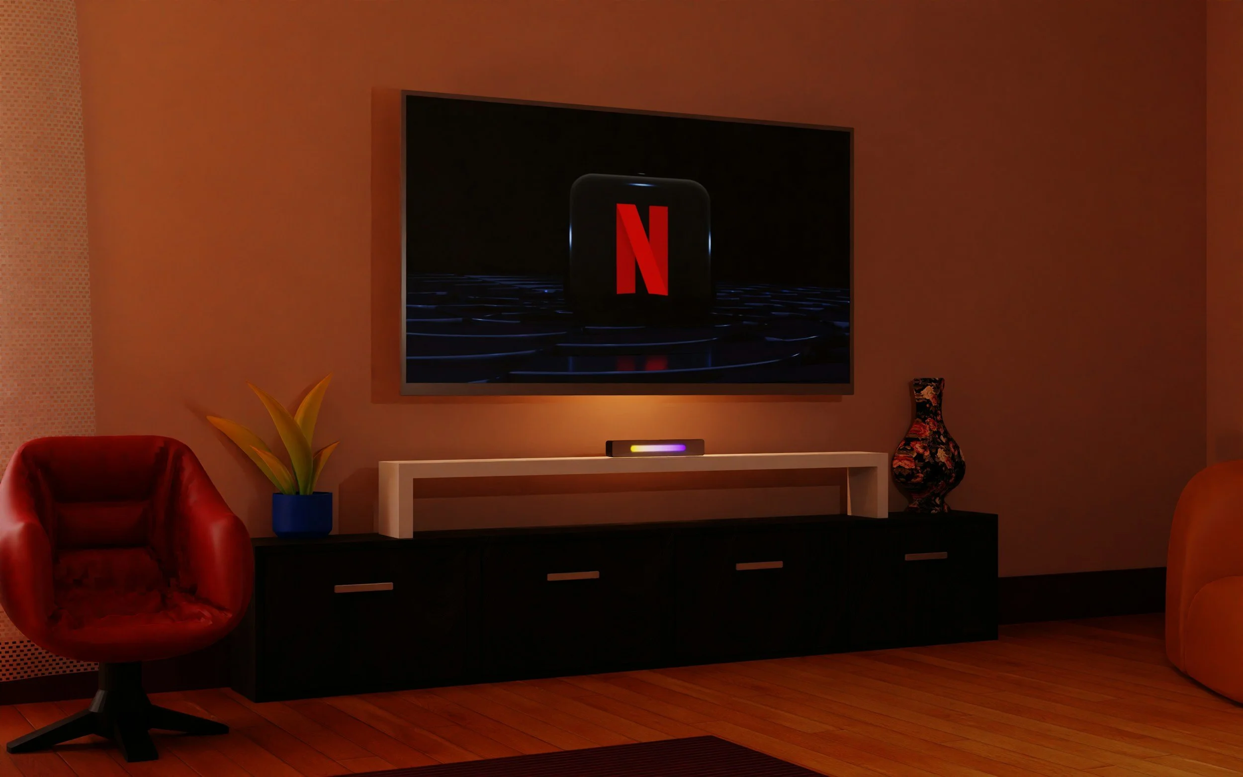 Living room with a flat-screen TV showing Netflix logo, a red armchair, a potted plant, and a decorative vase.