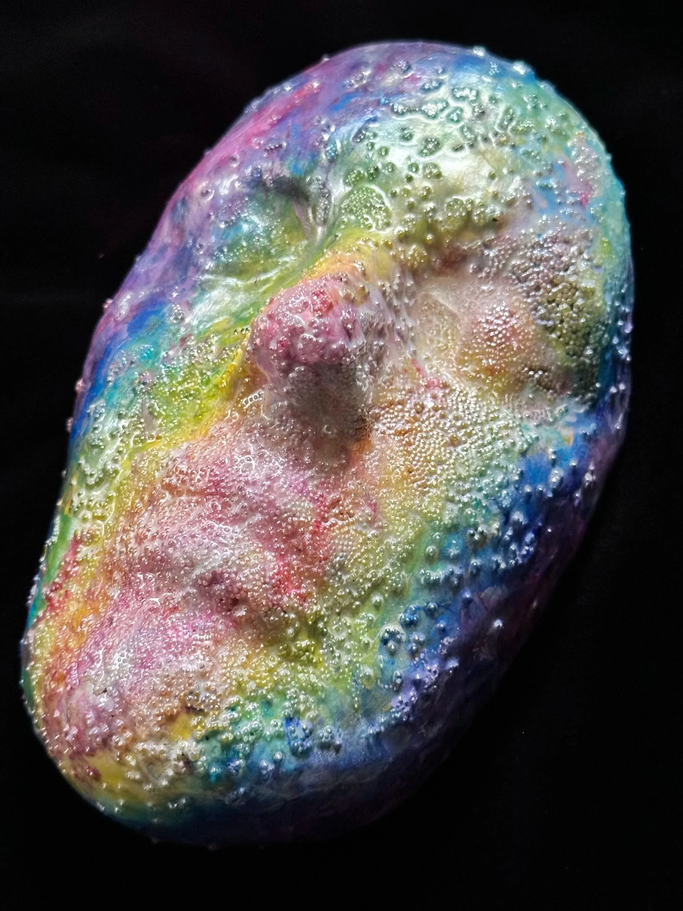 "Prismatic", Laura Nelsen, papier-mâché clay, glass beads and acrylic paint, 7"x5"x3.25", 2025.