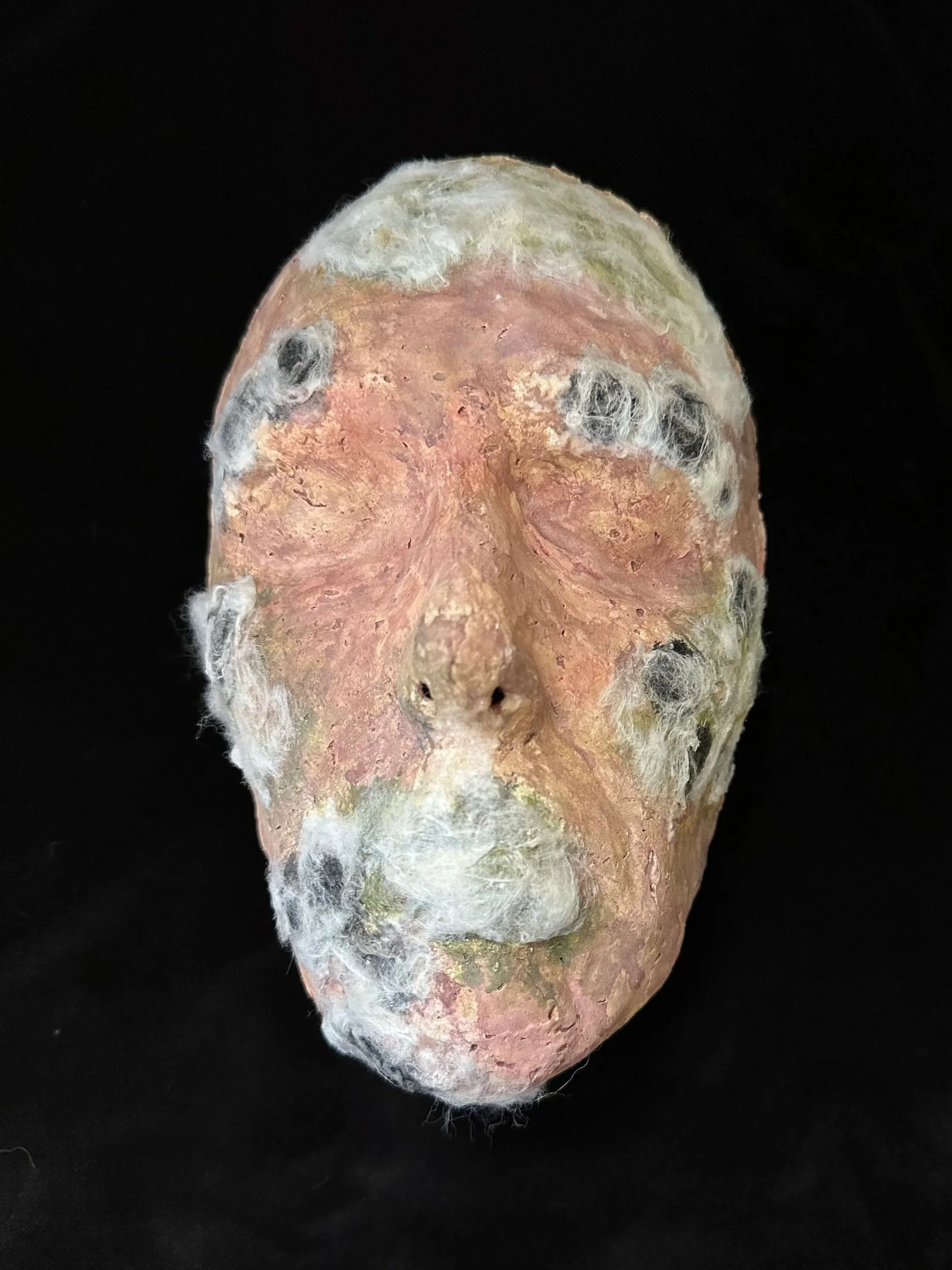 "Decomposed", Laura Nelsen, papier-mâché clay, cotton, acrylic paint and wax medium, 8"x5"3", 2024.