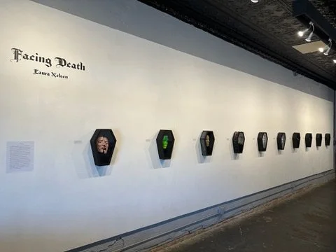 "Facing Death" Shadow boxes, Gallery view (west wall) Resonator Institute, 7/10/2026.