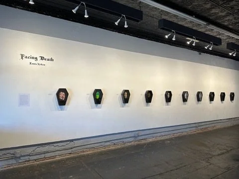 "Facing Death" Gallery view (west wall), shadow boxes, artist statement and title.