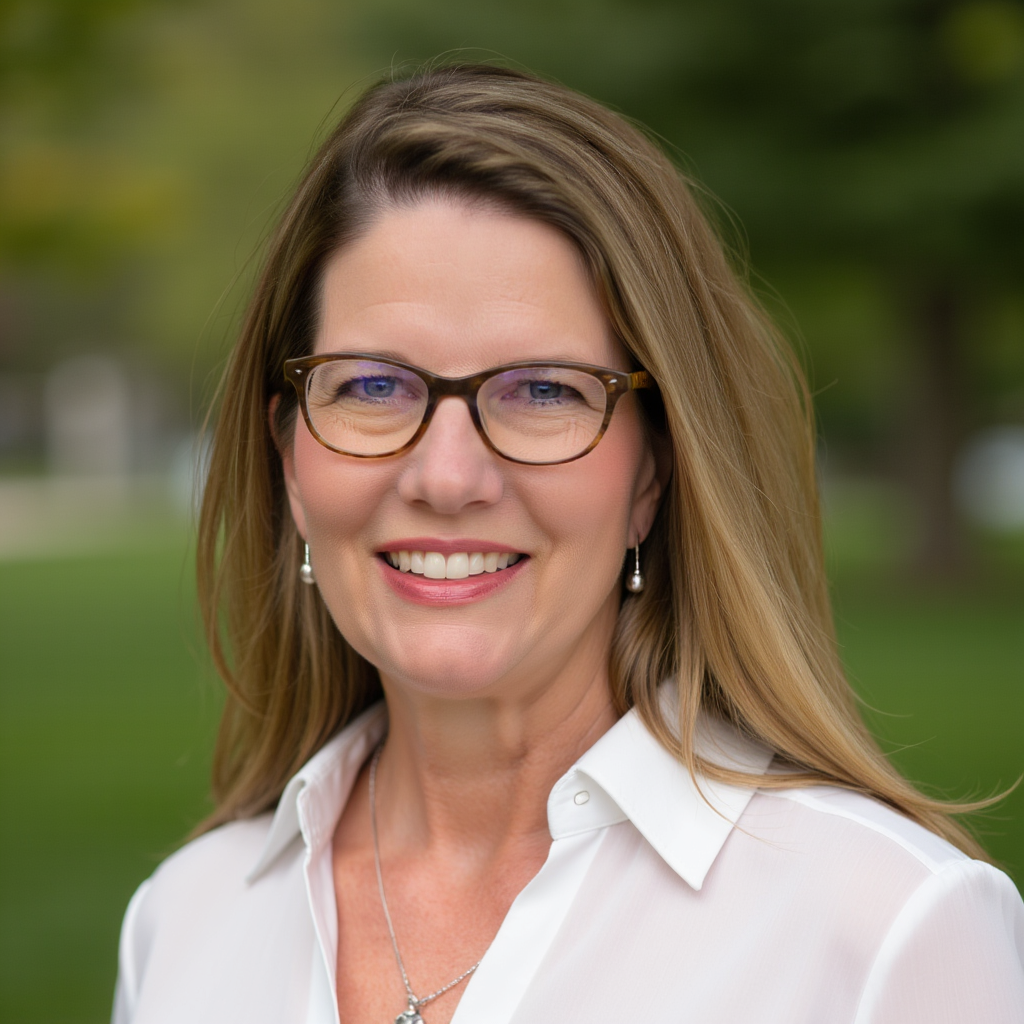 Portrait of a woman wearing glasses with shoulder-length brown hair, smiling, in a blue top against a dark background.