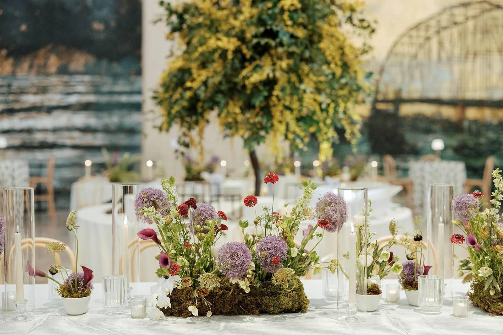 Lilac and green garden-inspired wedding flowers and tables for Ann and Alex in St. Louis
