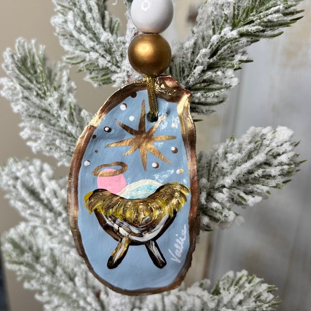 Oyster Shell Ornament - Light Blue Manger