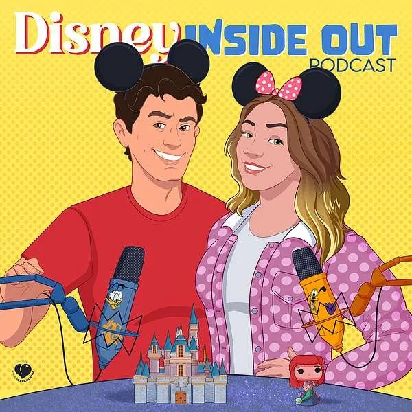 Two people wearing Mickey Mouse ears, smiling, sitting at a table with toys including a Disney castle and characters, with a yellow background. The image is promotional for a Disney Inside Out podcast.