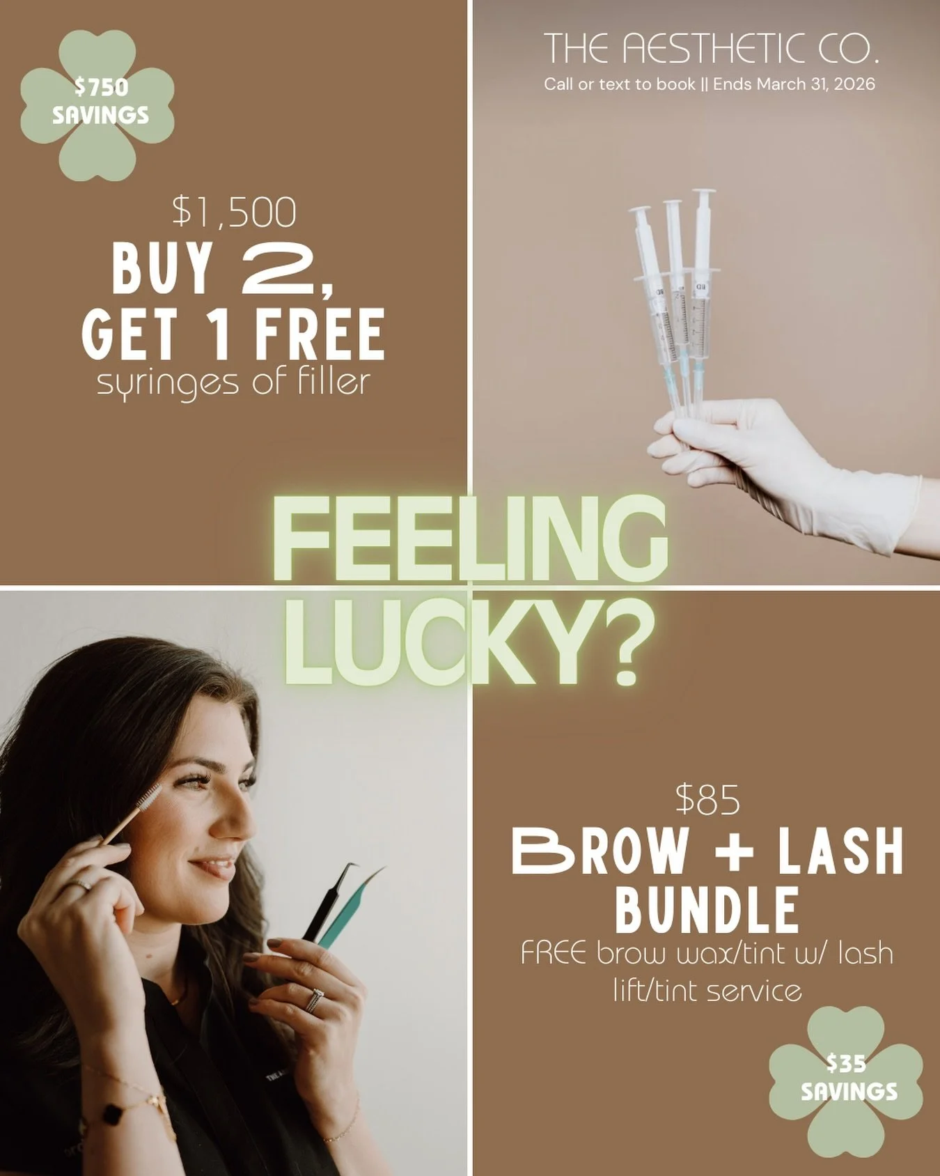 For a limited time, we&rsquo;re celebrating St Patty&rsquo;s month with two amazing specials you don&rsquo;t want to miss!

>>Buy 2 syringes of filler, get 1 FREE! ($750 savings!)

>>FREE brow wax/tint with a lash lift/tint service! $85 (