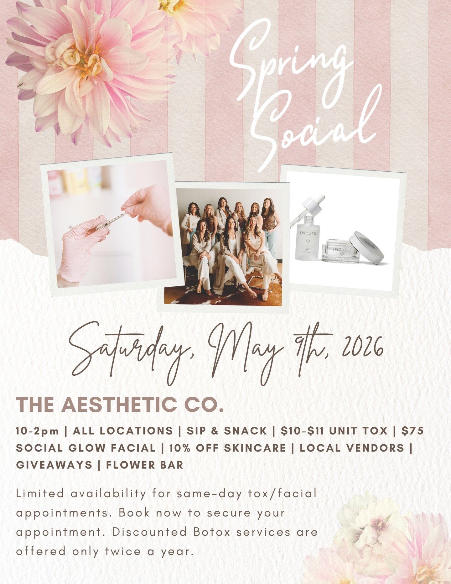 We are having our 4th annual Mother&rsquo;s Day Event - The Aesthetic Co. Spring Social 🌼 

At our Missoula location, we will have local vendors, a coffee cart, and a flower bar! 

At all locations, we will have discounted tox, facials, and skincare