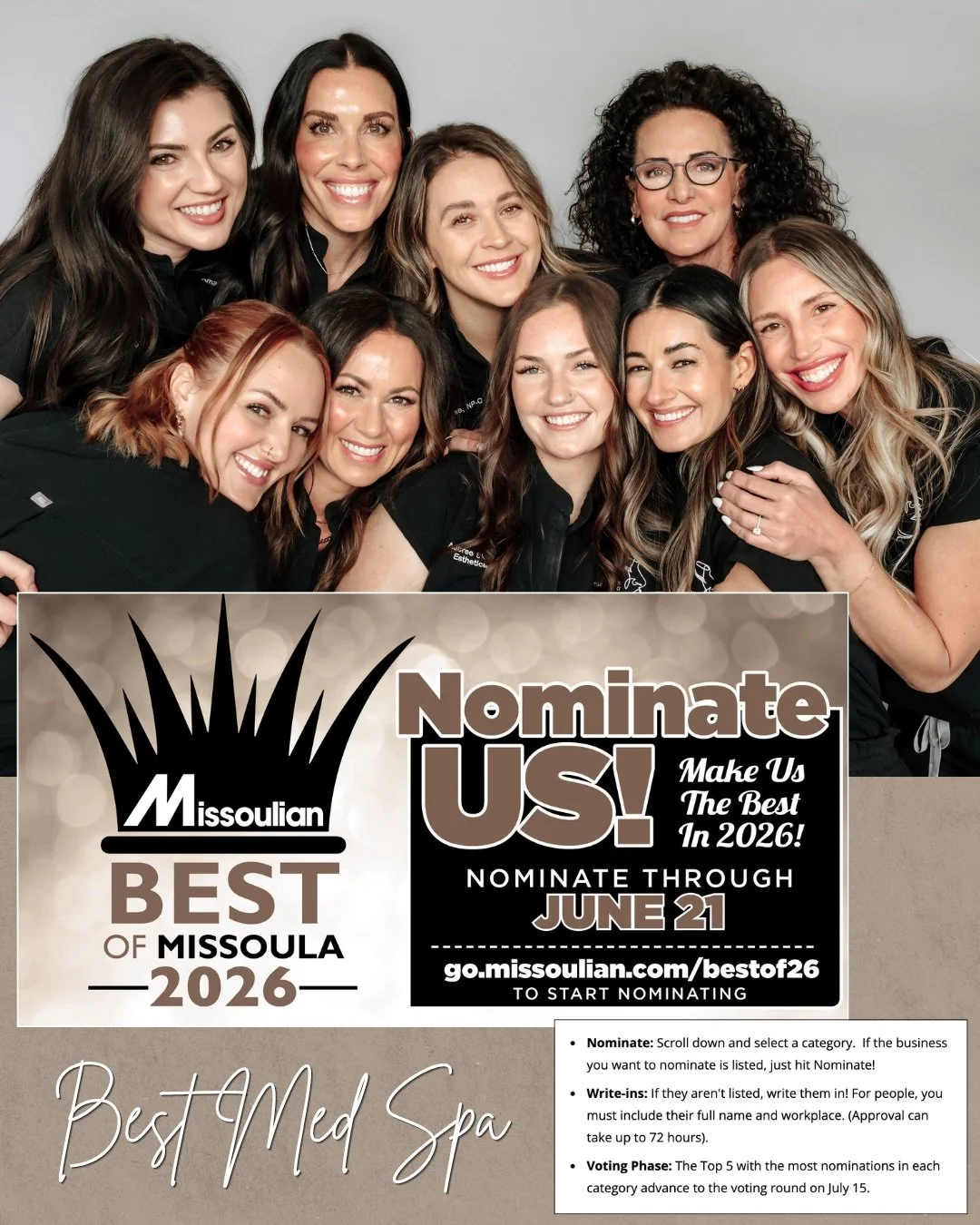 Nominations are open for BEST OF MISSOULA! 

Please nominate us for Best Med Spa in Missoula and nominate your go-to-gal for all your aesthetic treatments (Allie, Amanda, Jordyn, &amp; Aubree!)

go to the website listed in the photo and follow the st