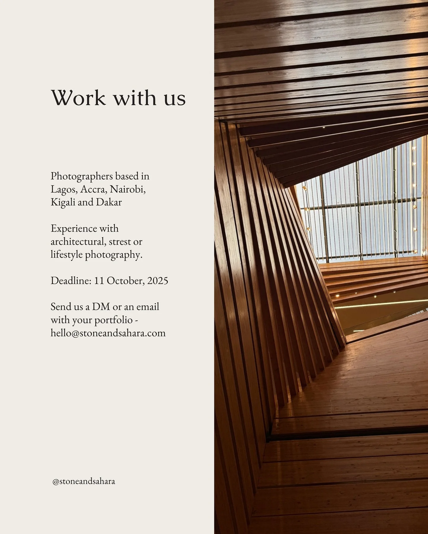 Are you a photographer based in Lagos, Accra, Nairobi, Kigali or Dakar? Do you have experience in architectural, street or lifestyle photography? Do you have an eye for detail? Then we want to hear from you! Send us a DM or email with a link to your 