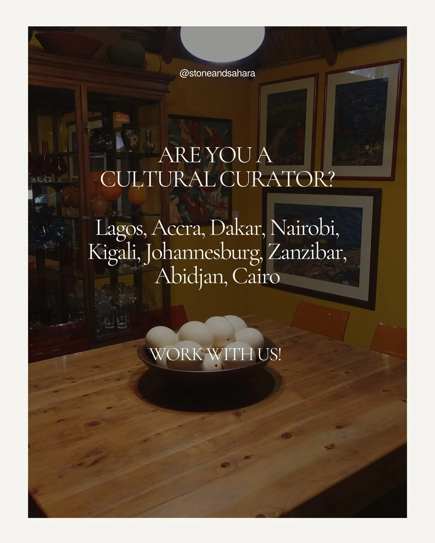 Looking for cultural curators based in Lagos, Accra, Dakar, Nairobi, Kigali, Johannesburg, Zanzibar, Abidjan and Cairo.

We&rsquo;re looking for cultural curators with a discerning eye for art, architecture, and the quiet beauty of place. If you have