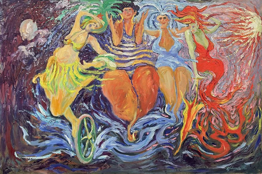 "Daughters of the Elements", Oil on Canvas; 24" x 36". This painting symbolizes the four classical elements—Earth, Air, Water, and Fire— The artwork uses bold brushstrokes and vivid colors to portray the energy and interconnectedness of nature. Repre