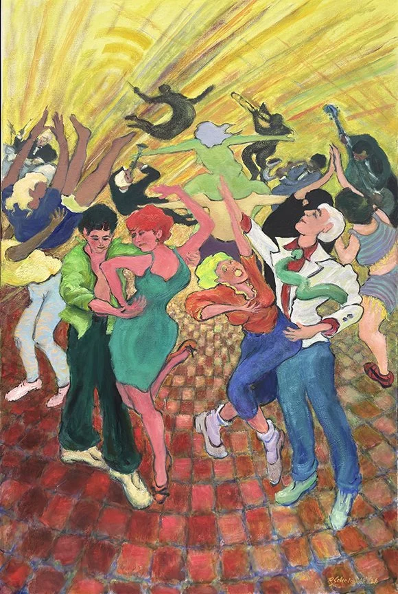 "Dance", oil on canvas, 36" x 24".  
“Dance” captures the infectious energy of swing dancers moving to the lively rhythms of Big Band music in a swirl of color, movement, and exuberance.
