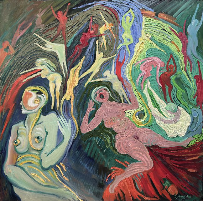  “AI, The Collision of Worlds”, oil on gator board, 34 1/2” x 34 1/2”. The painting evokes a world in flux, as the familiar human experience collides with an emerging technological force. 