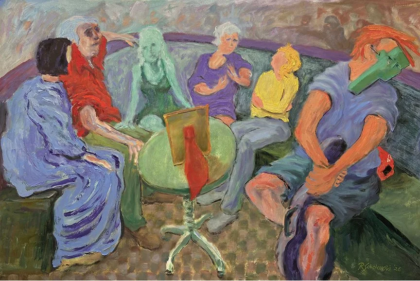 “The Circle of Silence”. Oil on canvas; 24” x 36”. The work reflects on political power, celebrity, wealth, and the networks that survive controversy.