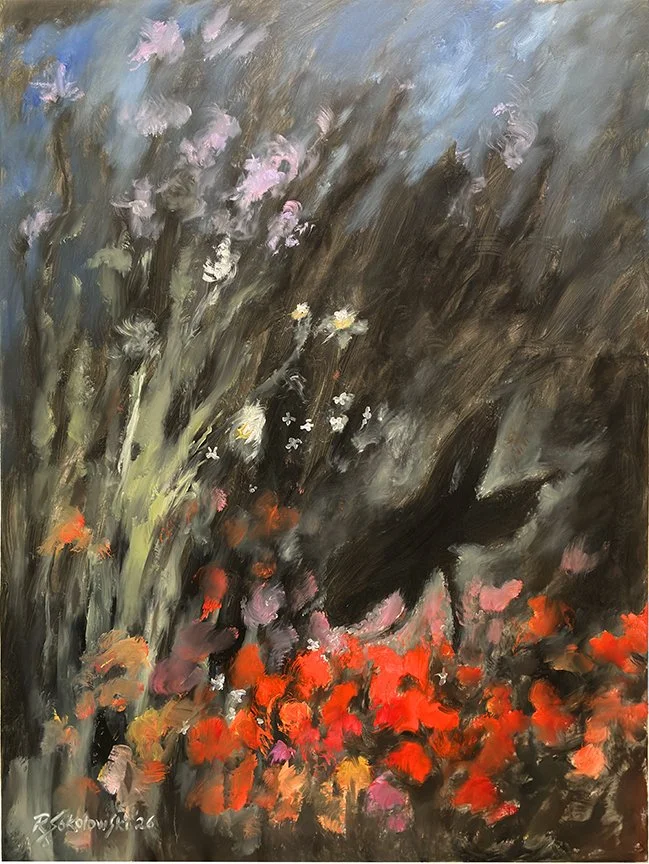 "Grasshopper", oil on canvas; 28 1/2" x 21 1/2". An impressionistic celebration of nature's harmony, this painting features a hidden grasshopper nestled within a lush meadow.