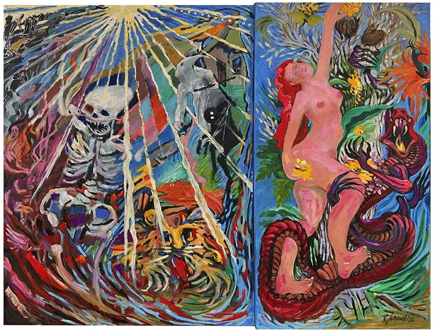 “Temptation and Redemption”; diptych in joined canvases, 4 ft. x 5 ft. The painting reimagines Eden as a state of consciousness. Eve's embrace of the serpent represents humanity's first act of self-determination, while the opposing panel reveals the 