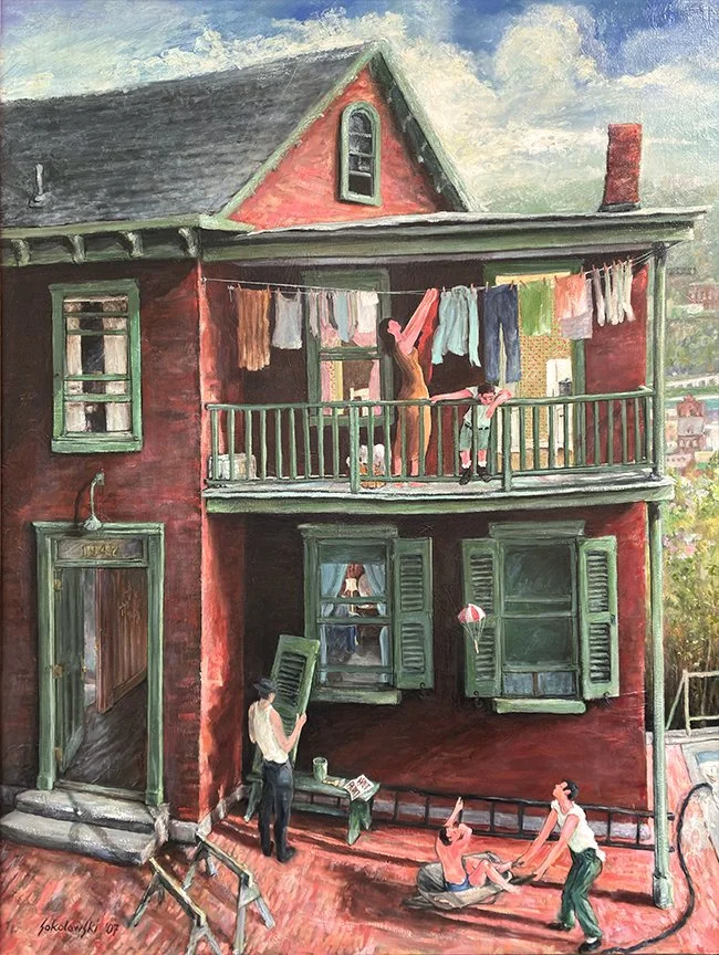 BEST OF SHOW, 2025-26, My America, an Illustrated Experience Exhibition, Heinz History Center, Pittsburgh, Pa. "South 18th St., South Side, Pittsburgh, PA", oil on canvas;  40" x 30". The artist's childhood home on the South Side Slopes, circa 1940's