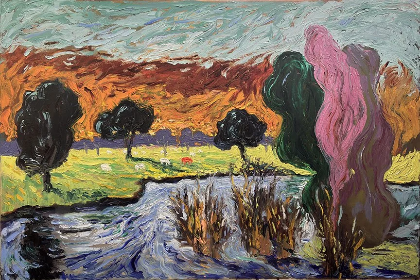"Red Cow at the River Suir, Ireland"; oil on canvas; 24" x 36". The painting captures the untamed beauty of rural Ireland and the wild spirit of the Irish landscape.