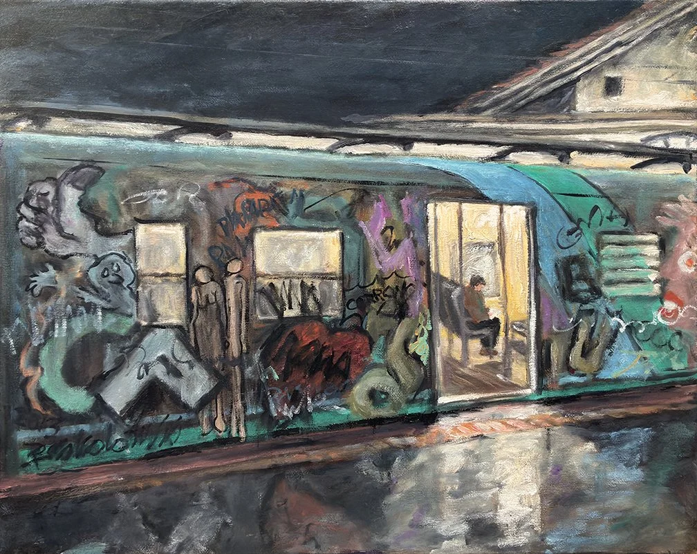 "Passenger on the Rome City Train", oil on canvas, 16" x 20".