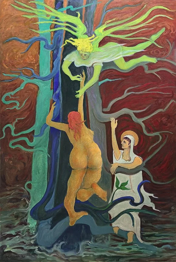“Green Angel”, oil on canvas, 36” x 24”. 
In the scene of a raging flood, a green angel descends upon a woman caught in the rising waters suggesting divine intervention. Saint Florian, patron saint of disaster, stands calmly amid the chaos. The paint