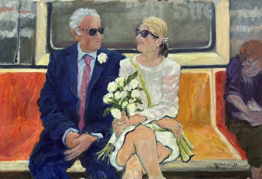 “Together”, 21 3/8" x 31 1/4", oil on plywood. A joyful portrait of enduring love, capturing a couple side by side on the New York subway and on a journey through life.