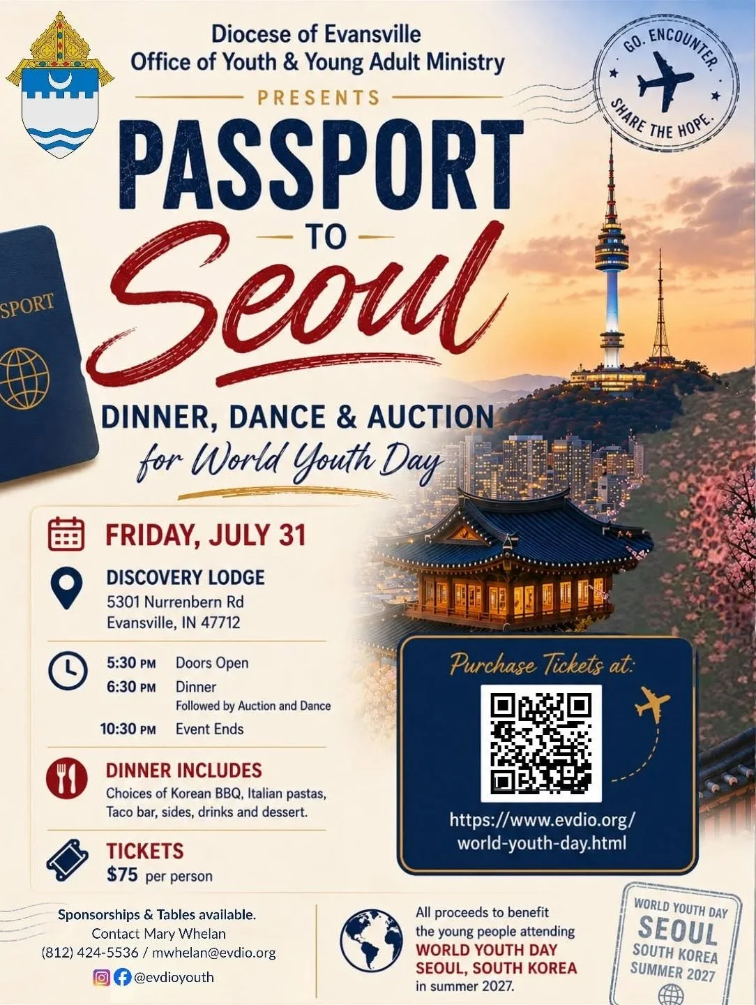 The  Passport to Seoul: Dinner, Dance, & Auction is Friday, July 31st to help 6 St. Philip young adults with fundraising efforts to get them to World Youth Day. Click the image to buy tickets!