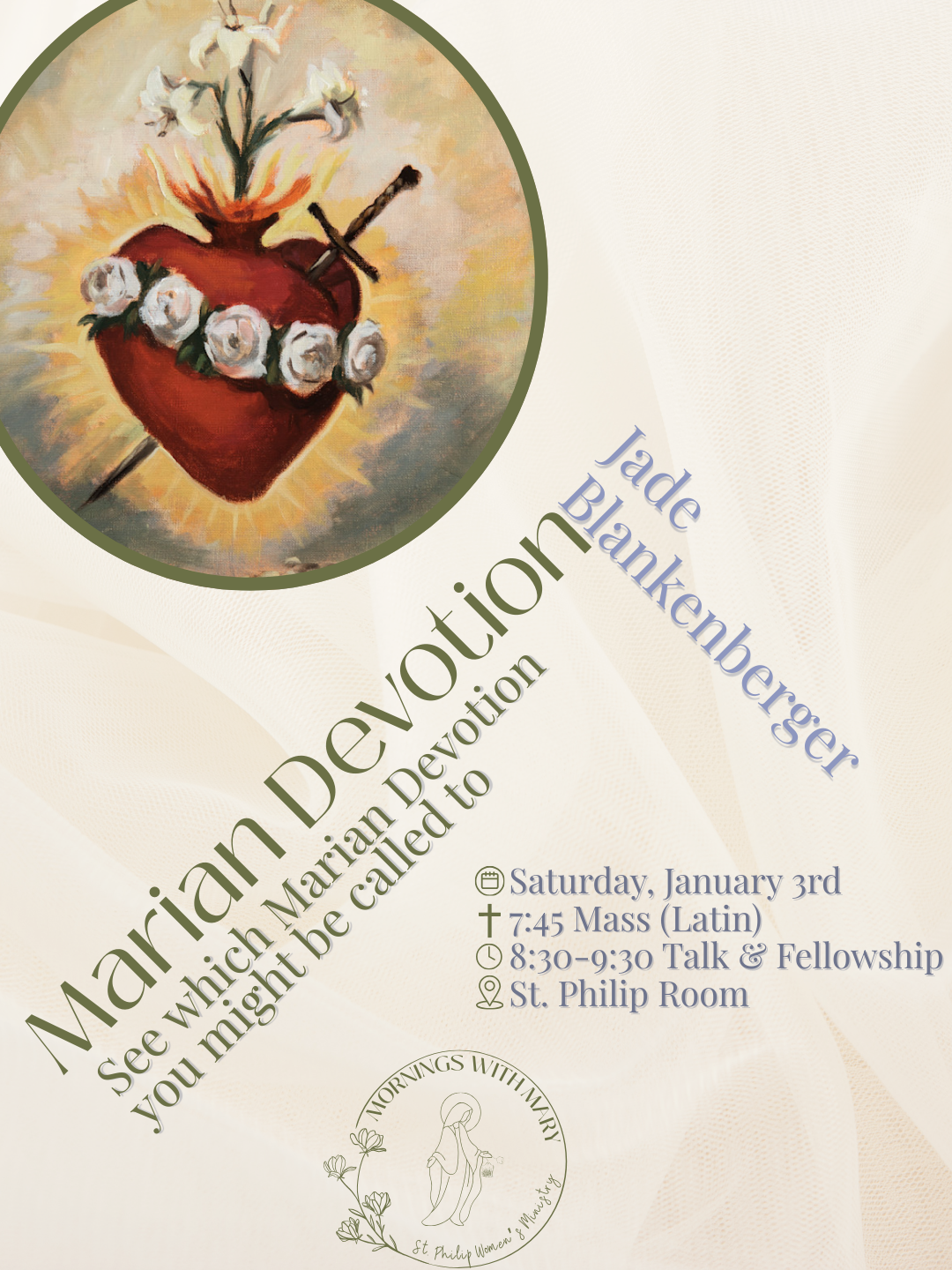 Mornings with Mary is St. Philip's newest group. This group is for ALL WOMEN wanting to grow in their devotion to our Blessed Mother. Meetings will be every First Saturday following the 7:45 Mass.