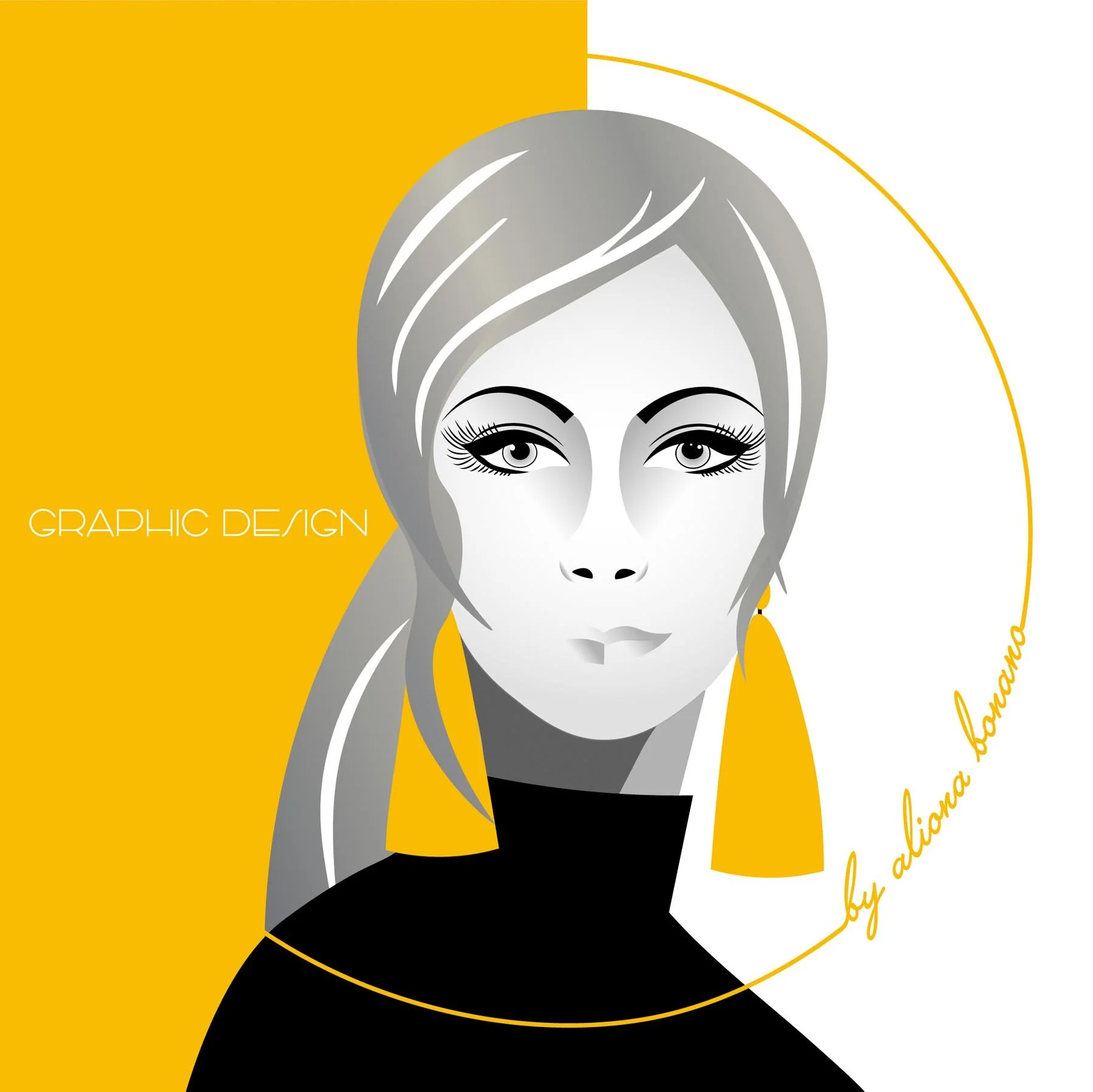 Stylized graphic design illustration of a woman with grey hair, large yellow earrings, and a black outfit. Background is divided into yellow and white sections. Text reads 'Graphic Design' and 'by alena baranova' in yellow cursive at the bottom.