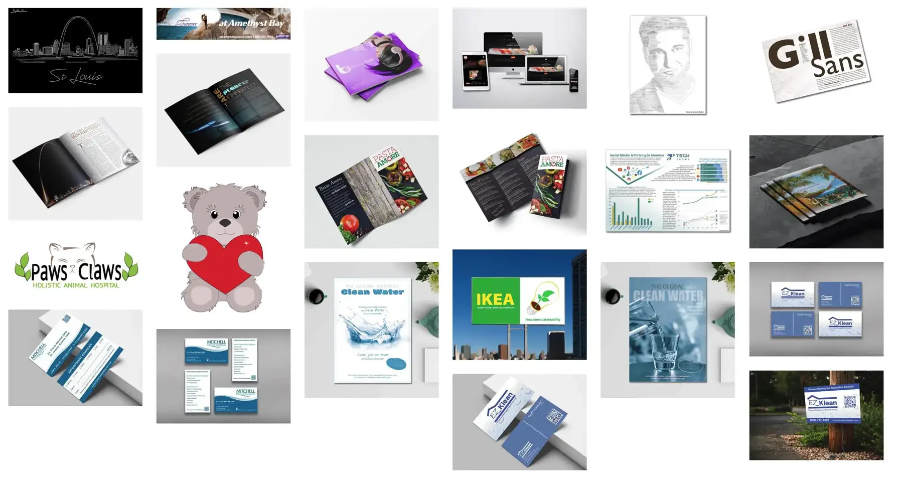 A curated grid of graphic design projects showcasing branding, print layouts, brochures, business cards, infographics, illustrations, environmental graphics, and digital mockups across healthcare, food, sustainability, and small business brands.