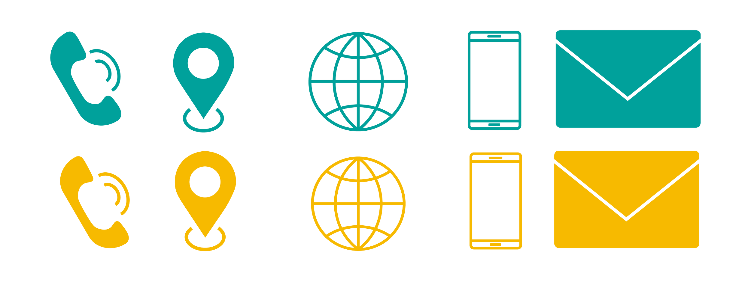 Colorful communication icons set including phone, location, internet globe, smartphone, and envelope symbols in teal and yellow.