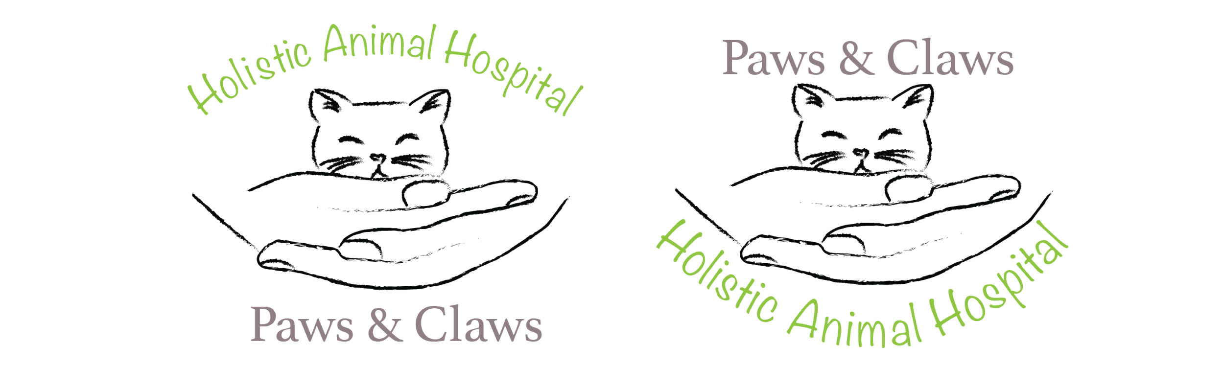 Two logos for "Paws & Claws Holistic Animal Hospital" featuring a sleeping cat cradled in hands. One logo is monochrome, and the other is colored with green and purple text.