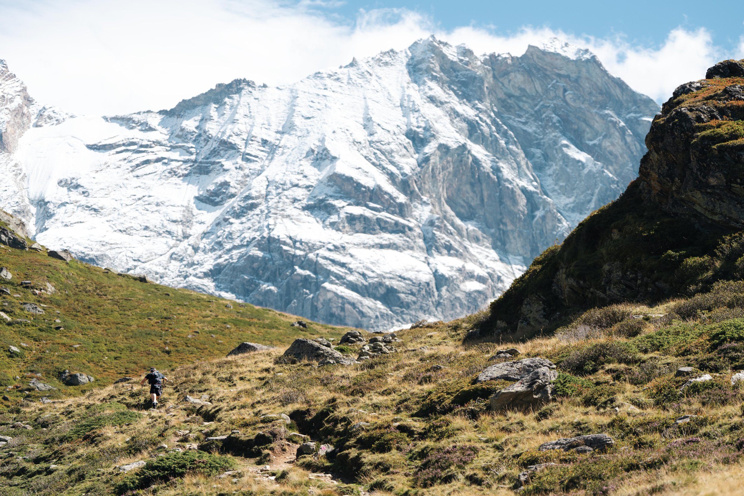 Paysage de montagne avec sommet enneigé, herbe, rochers et randonneur.