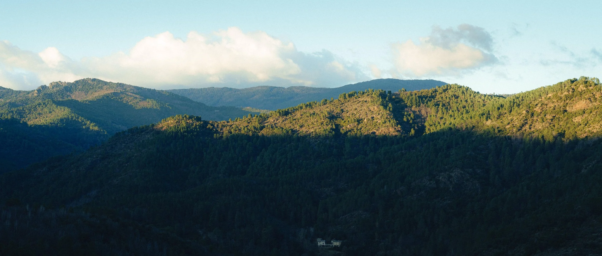 Paysage de collines forestières sous un ciel bleu avec des nuages blancs.