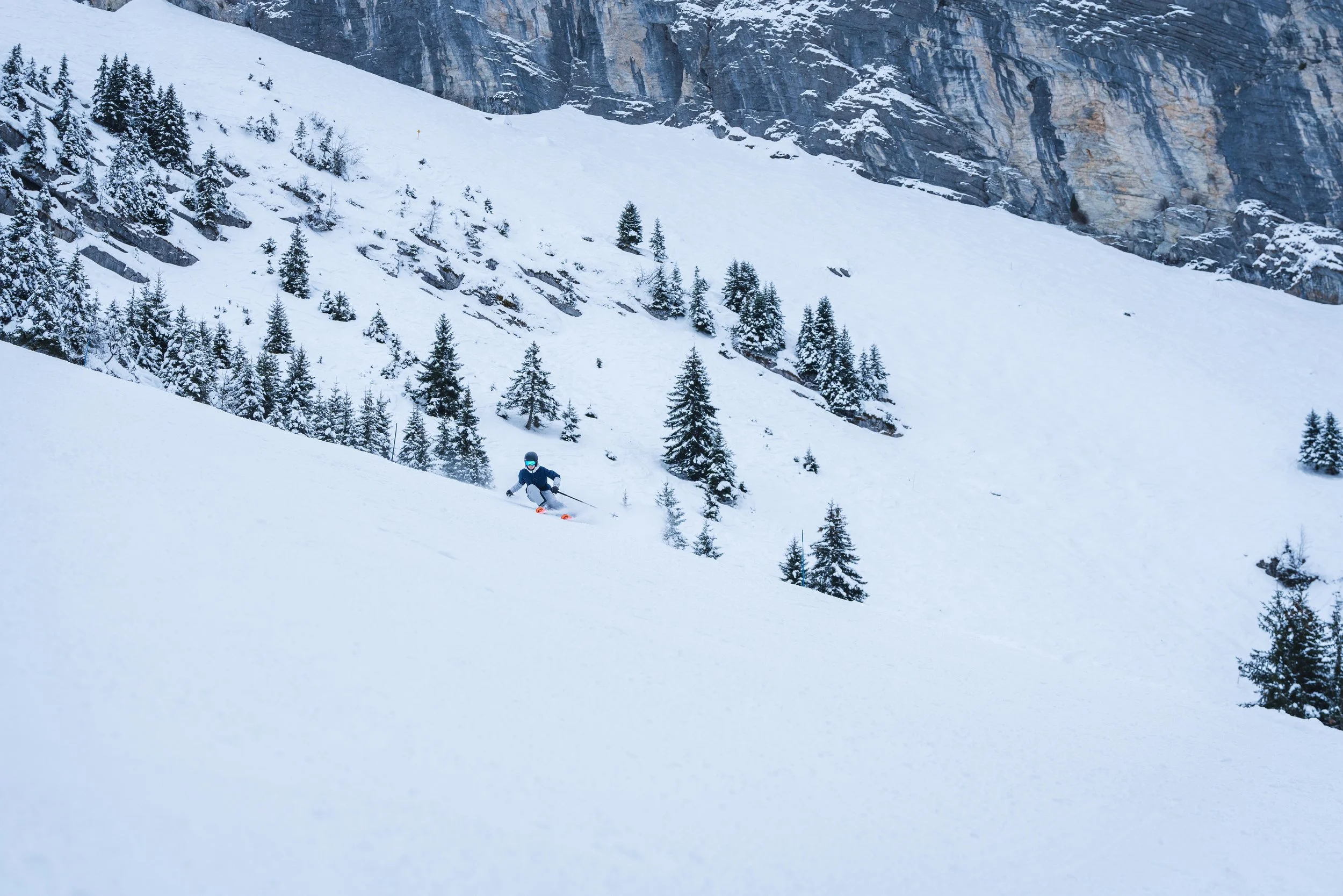Ski alpin sur une pente enneigée avec des arbres et montagnes en arrière-plan.