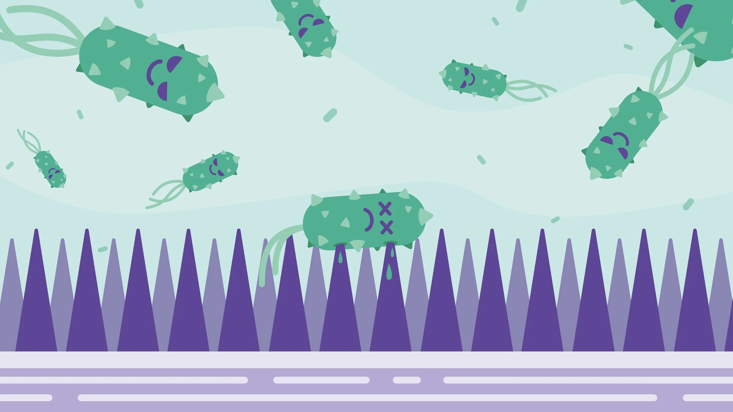 Green microbes wtih faces falling on to purple spikes