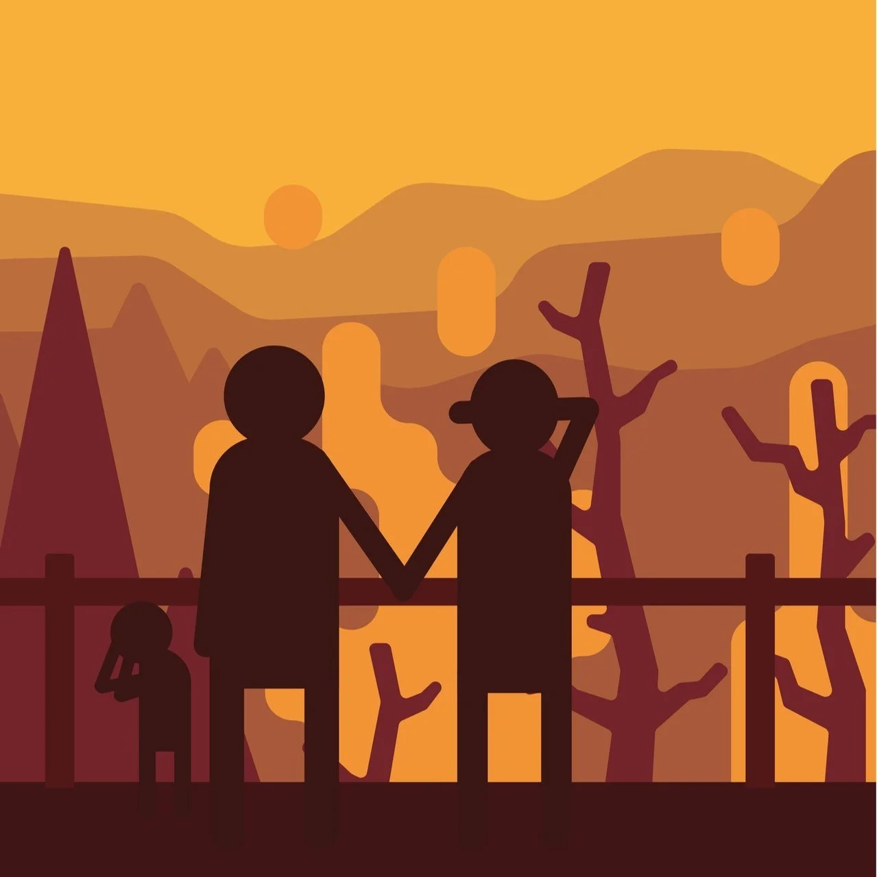 illustration of two shadowed figures overlooking forest fire