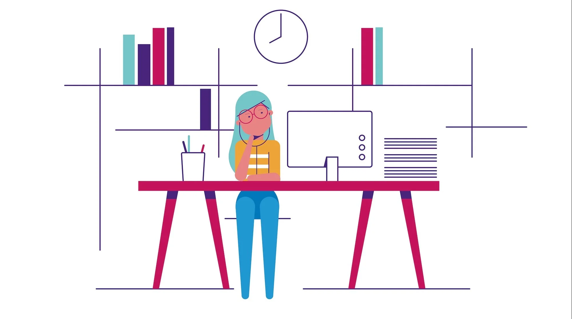 illustration depicting girl with blue hair sat at desk