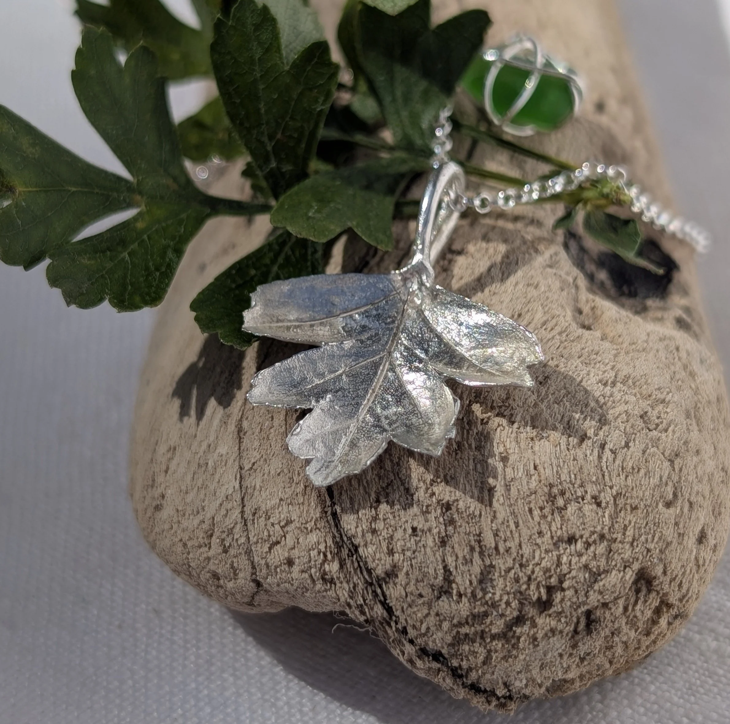 Handmade Fine Silver Hawthorn LEaf with Bright Green Sea-Glass Pendant Necklace (16).jpg