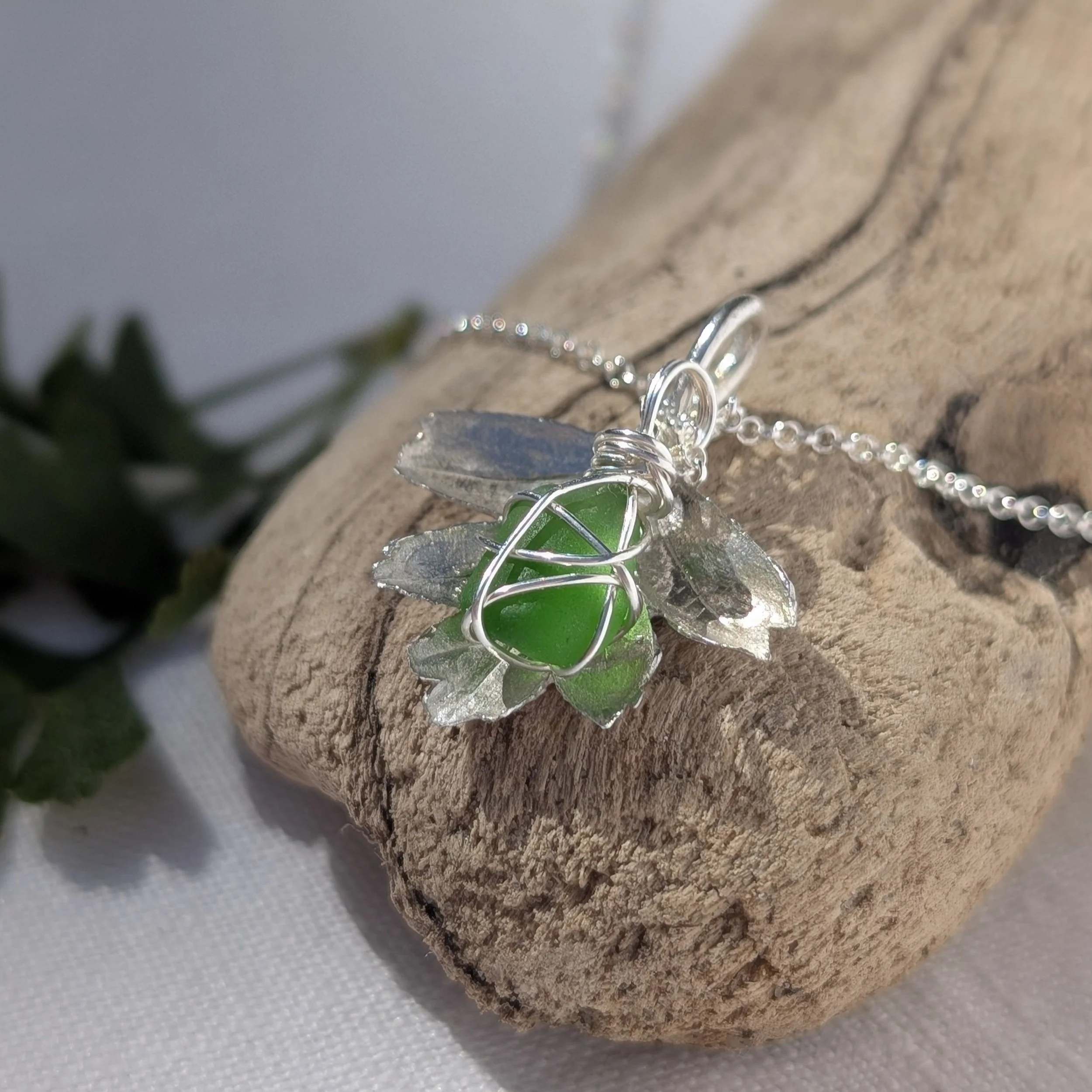 Handmade Fine Silver Hawthorn LEaf with Bright Green Sea-Glass Pendant Necklace (14).jpg