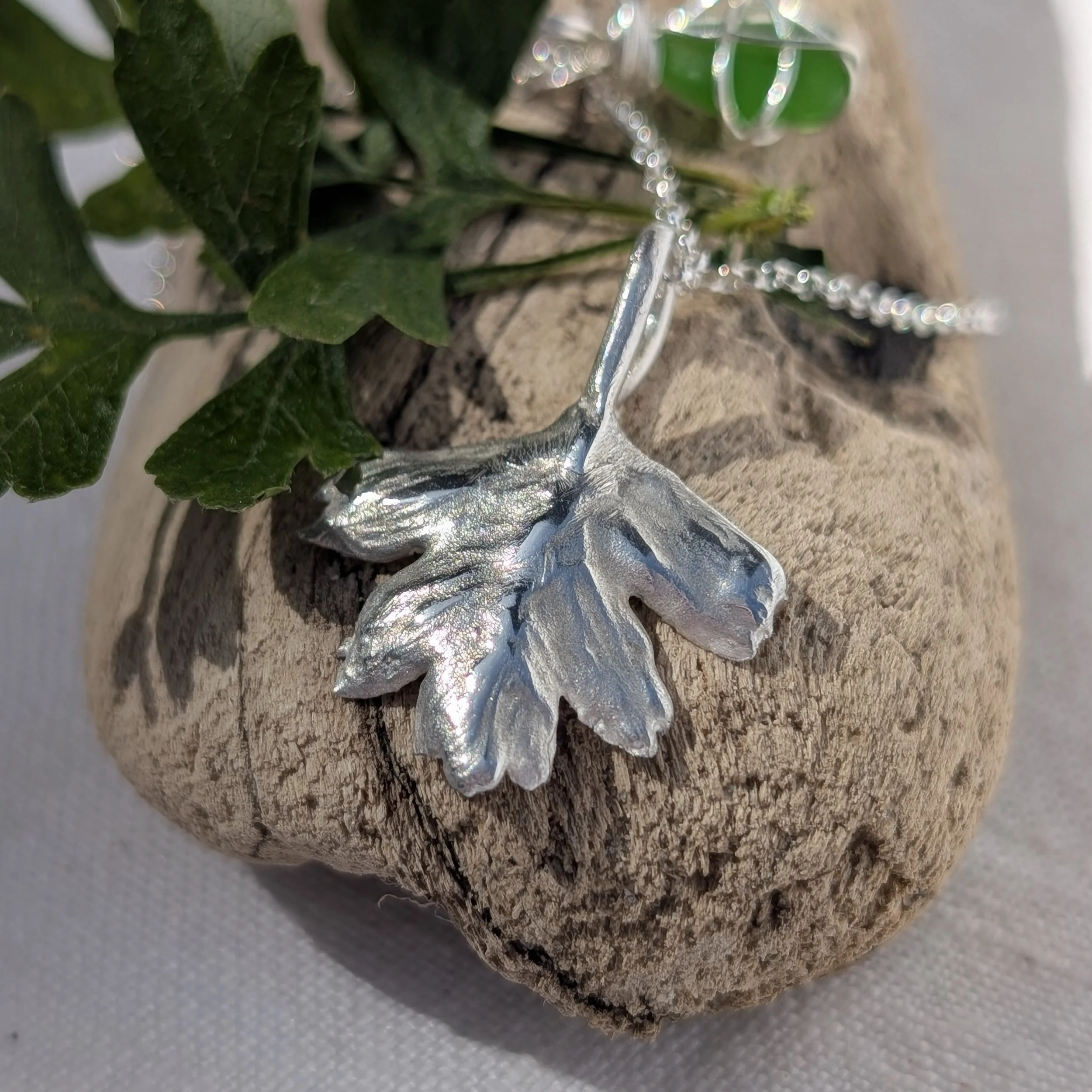 Handmade Fine Silver Hawthorn LEaf with Bright Green Sea-Glass Pendant Necklace (17).jpg