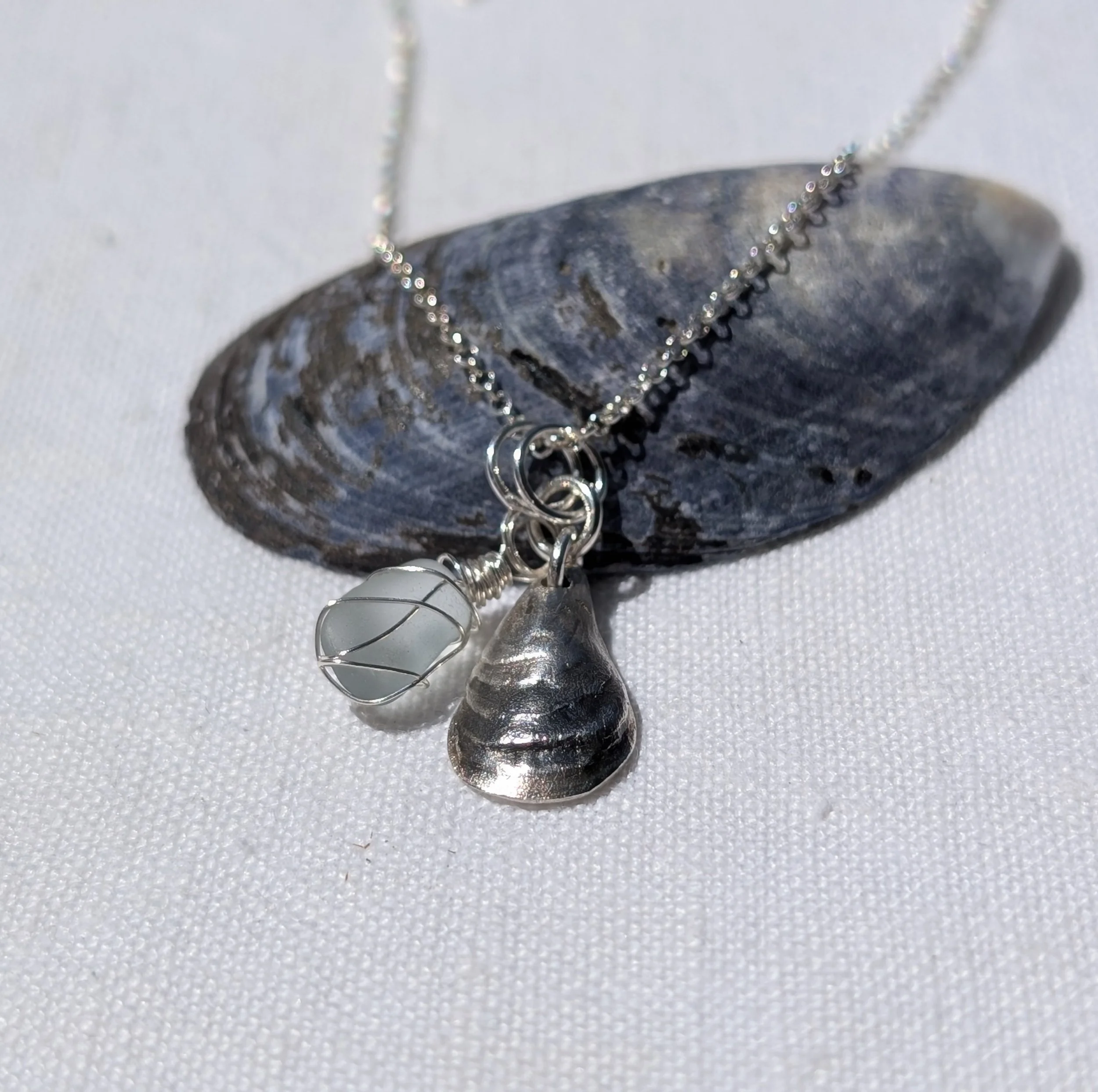 Handmade Silver Mussell and Sea-glass Necklace (2).jpg