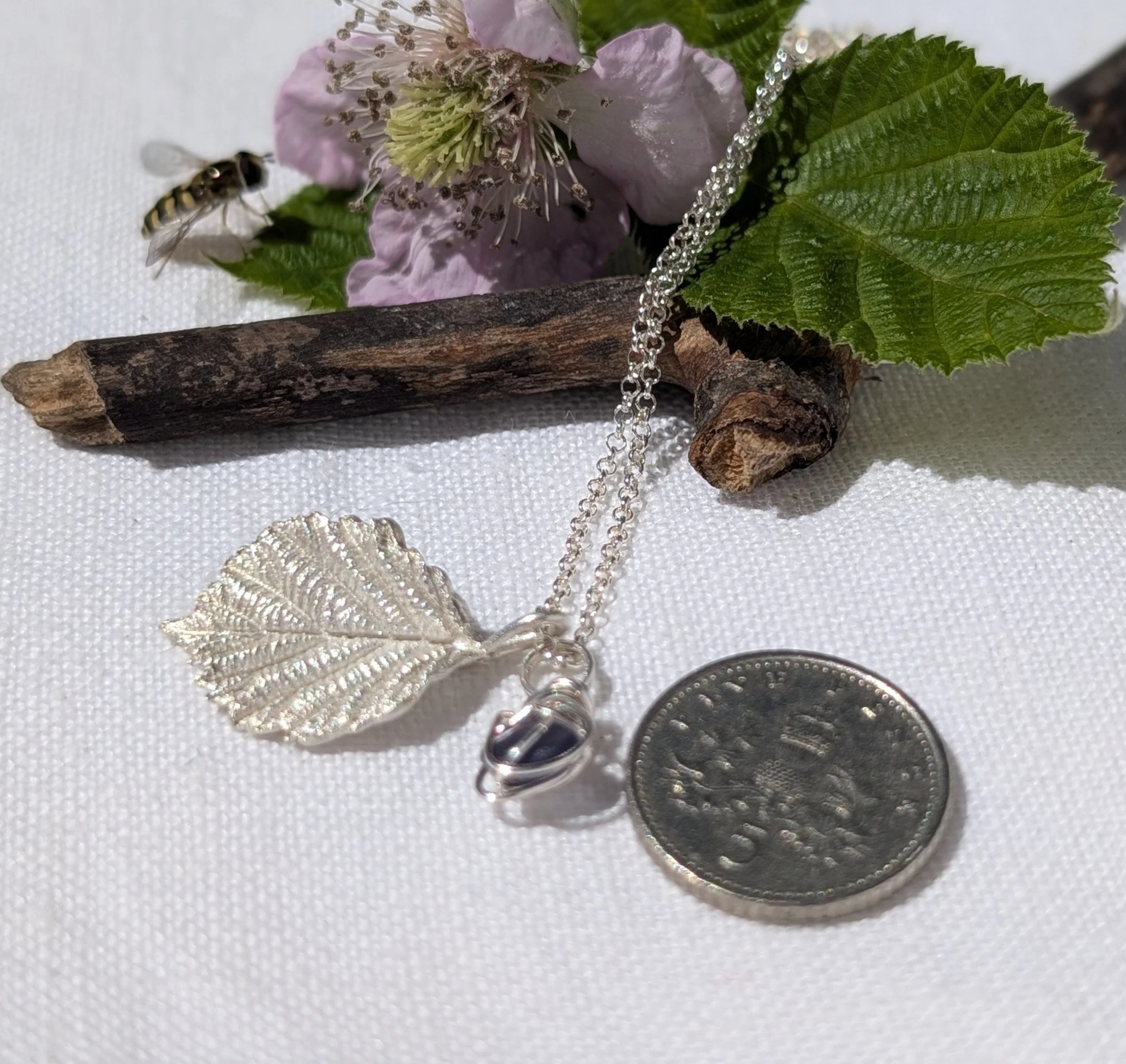 Handcrafted Fine Silver Small Bramble Leaf with Rare Purple Sea-glass Charm (8).jpg
