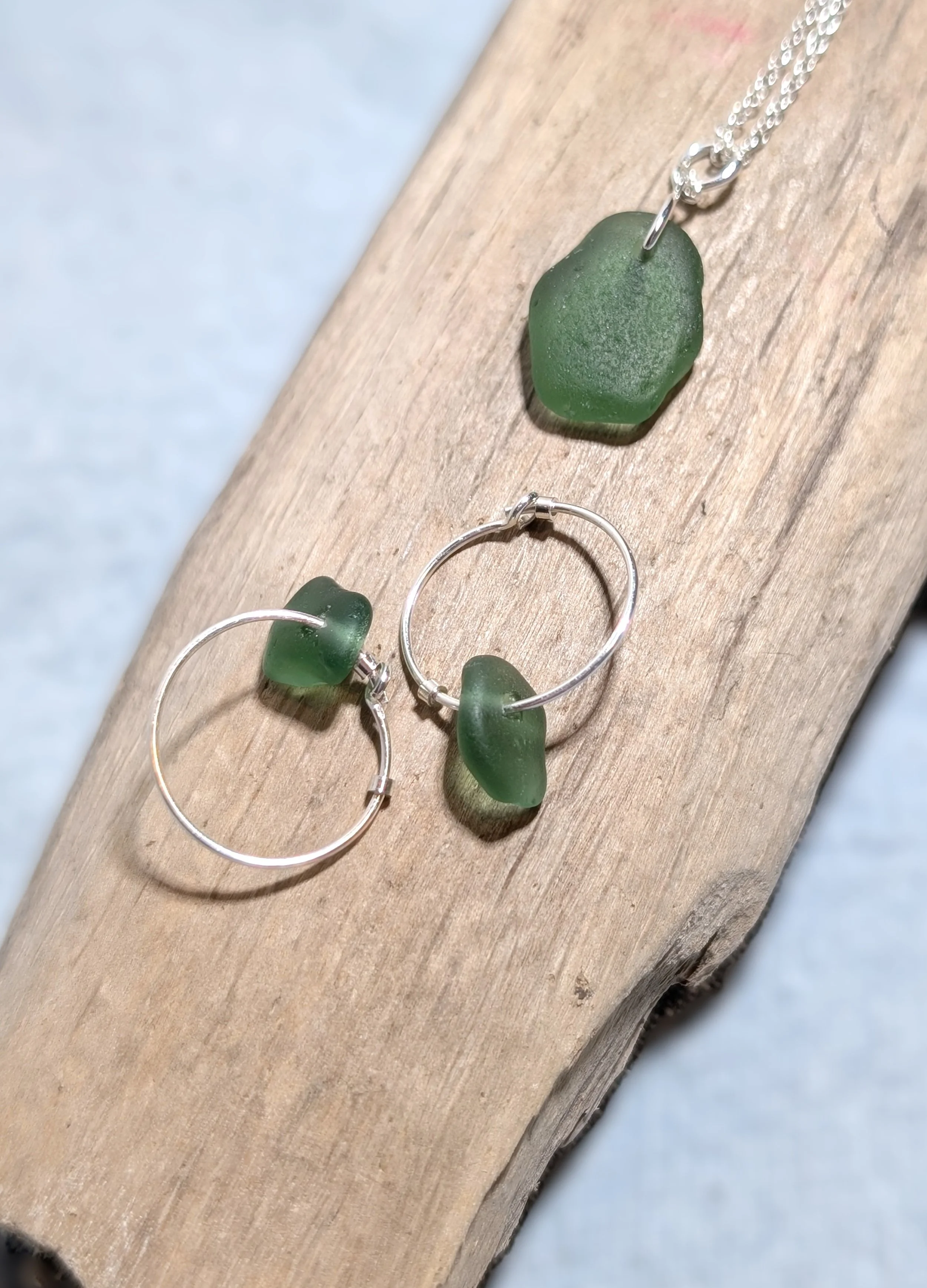 Teal Green Sea-Glass and Silver Necklace and Hoop Earring Set