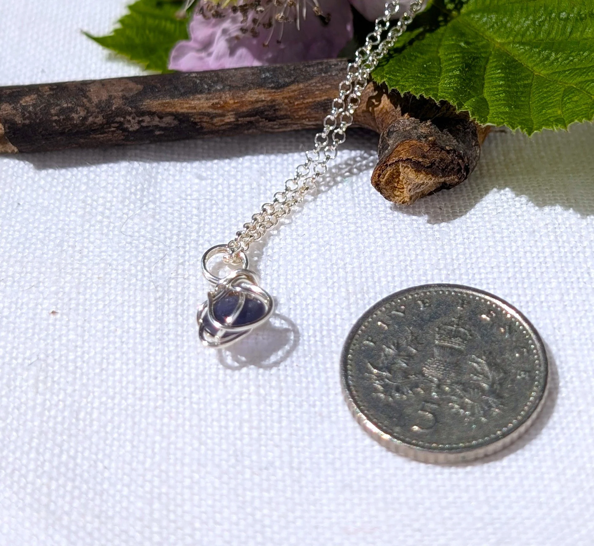 Handcrafted Fine Silver Small Bramble Leaf with Rare Purple Sea-glass Charm (9).jpg