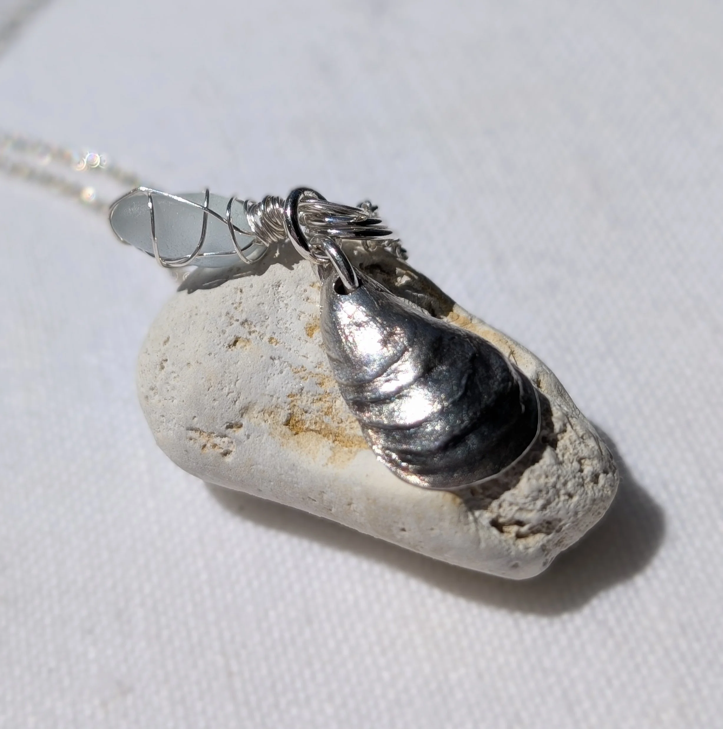 Handmade Silver Mussell and Sea-glass Necklace (9).jpg