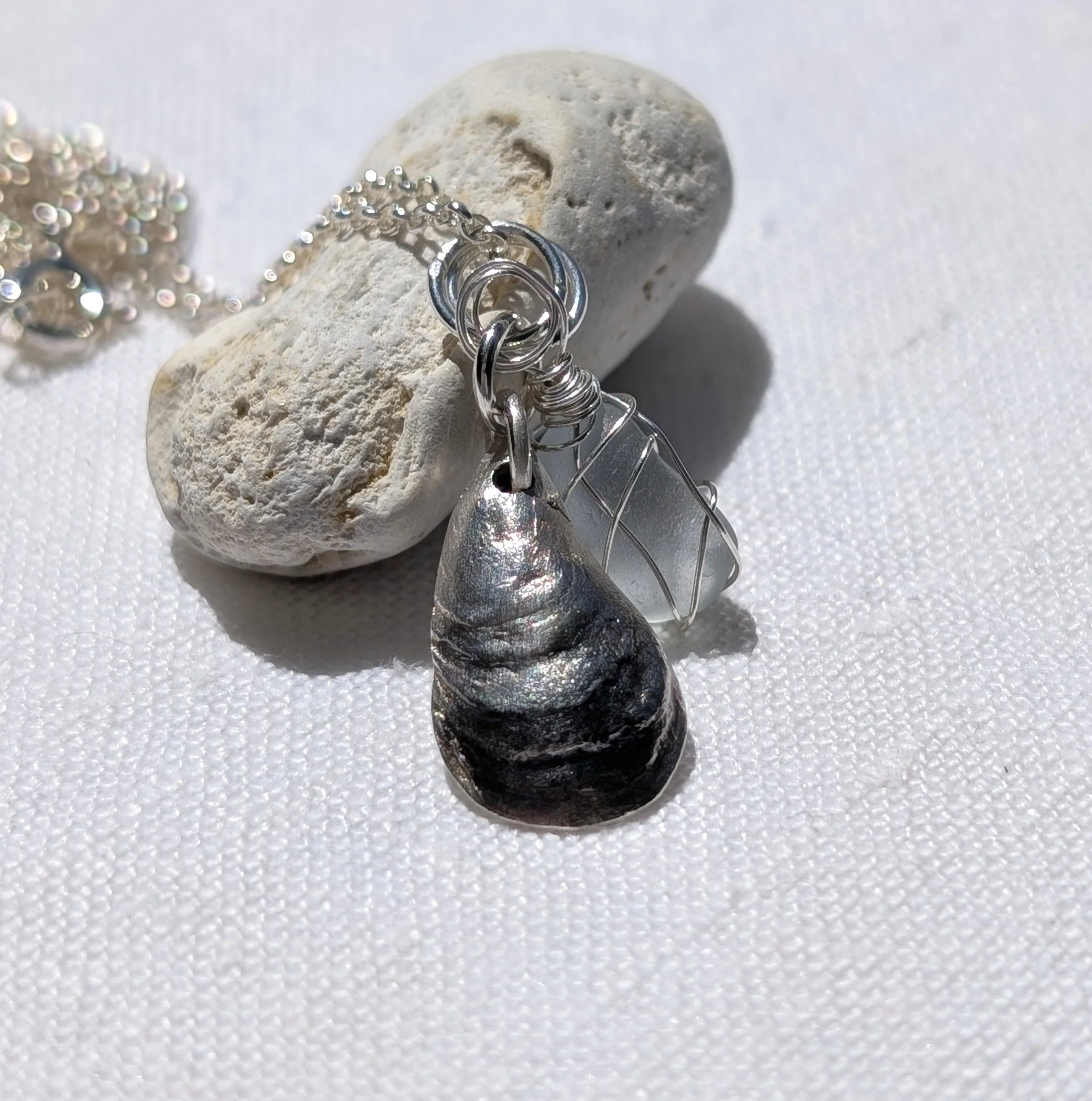 Handmade Silver Mussell and Sea-glass Necklace (1).jpg