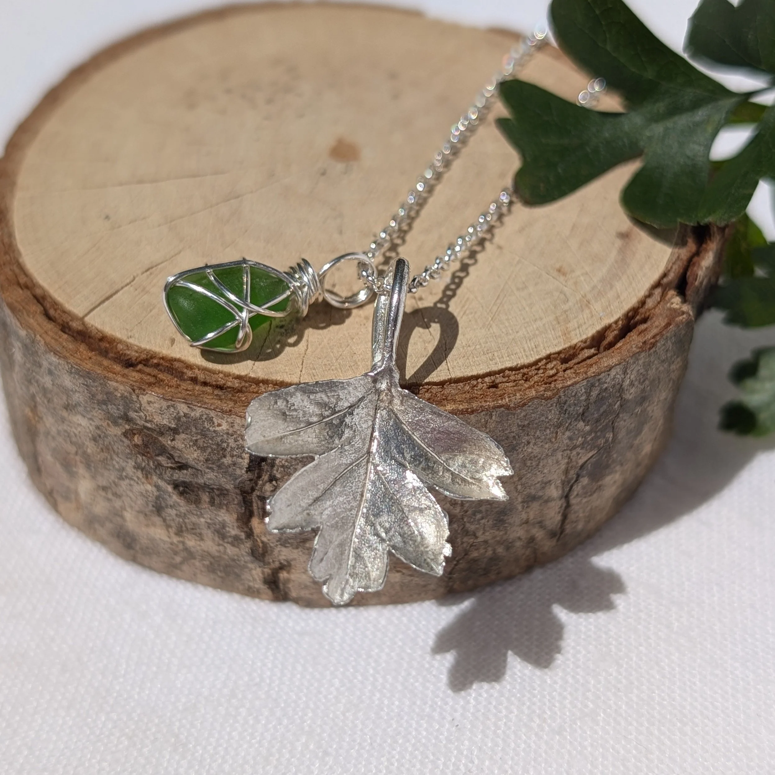 Handmade Fine Silver Hawthorn LEaf with Bright Green Sea-Glass Pendant Necklace (8).jpg