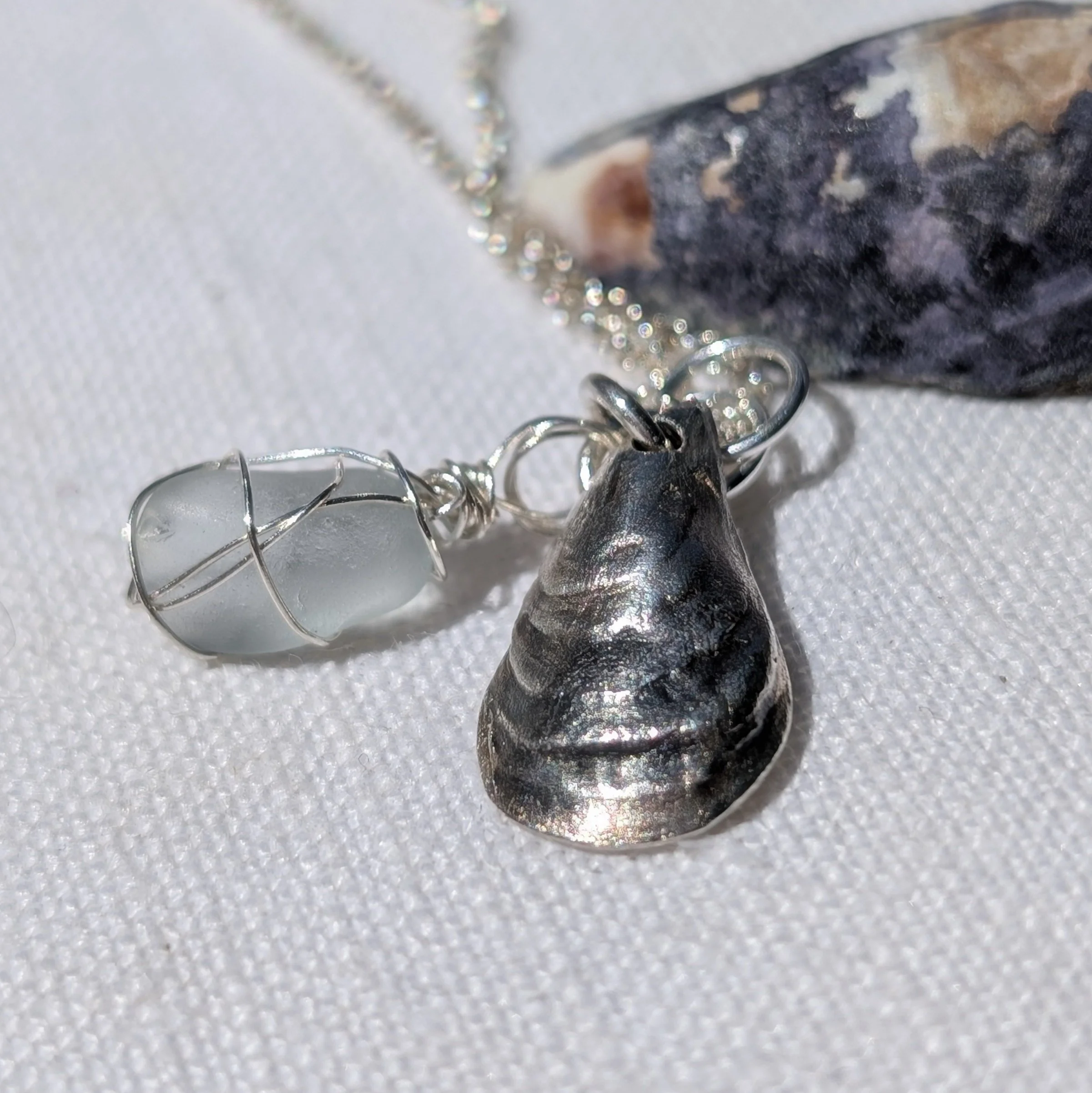 Handmade Silver Mussell and Sea-glass Necklace (7).jpg