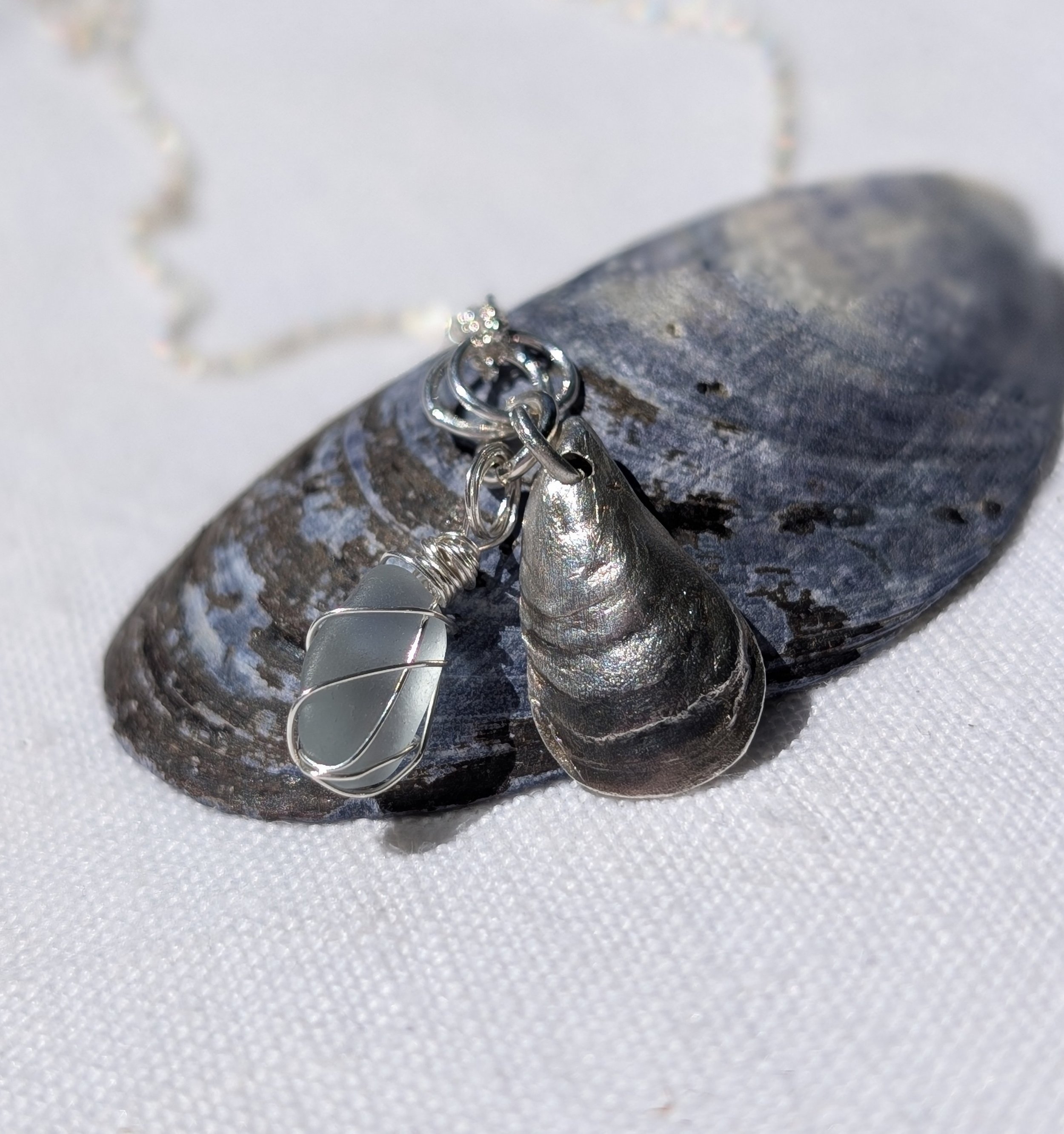 Handmade Silver Mussell and Sea-glass Necklace (3).jpg